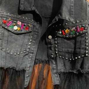 Black Denim Jacket with Tulle and Embellishments